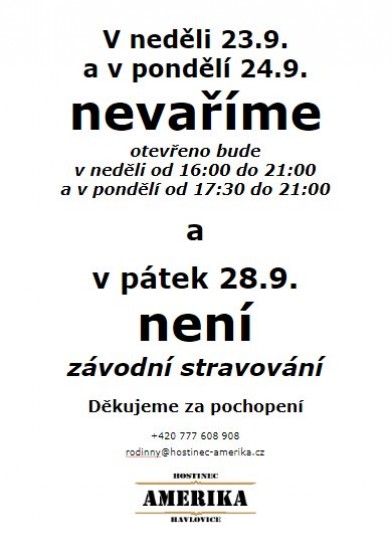 V neděli 23.9 a v pondělí 24.9.2018 se nevaří!!